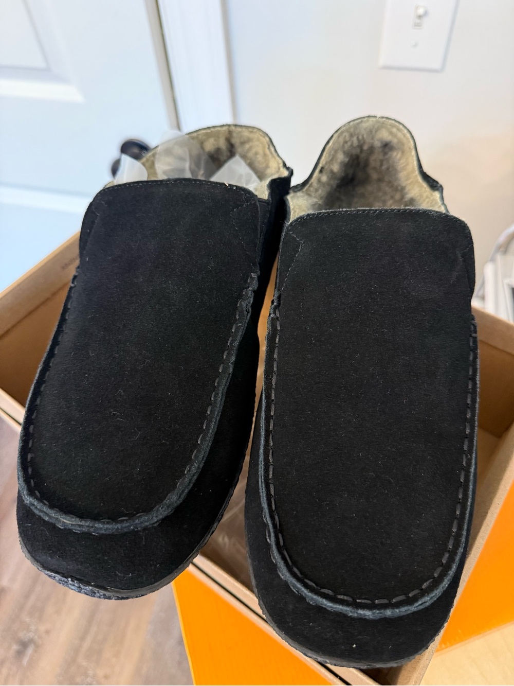 NIB Men's Black Suede Slip-On Moccasin with Shearling Lining
